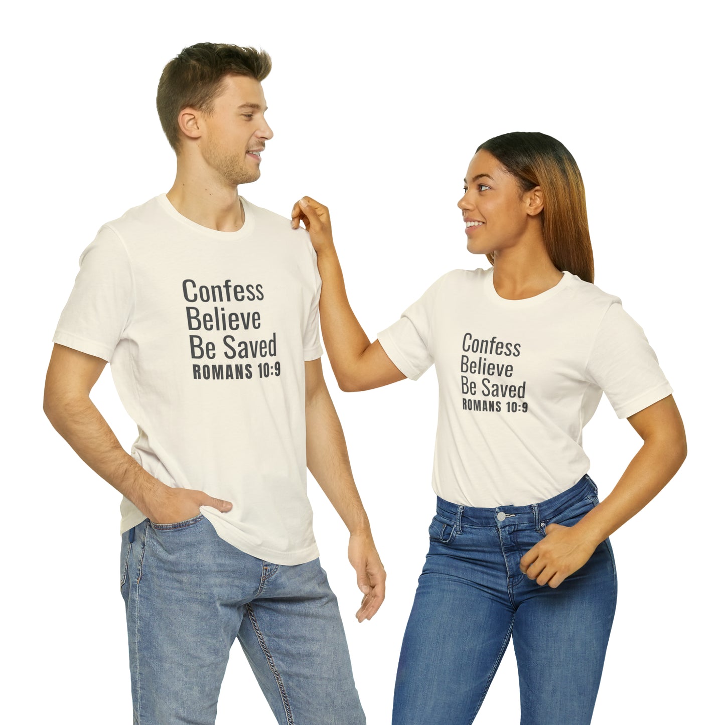 Romans 10:9 Confess Believe Be Saved Unisex Jersey Short Sleeve Tee
