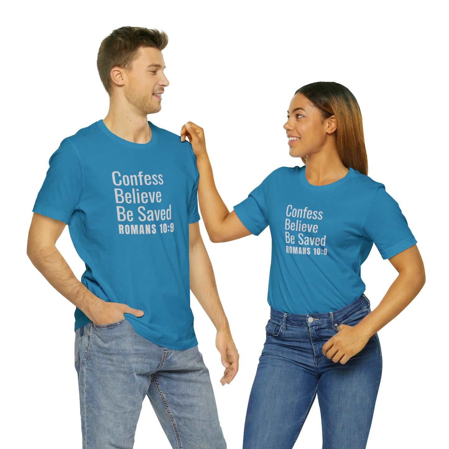 Romans 10:9 Confess Believe Be Saved Unisex Jersey Short Sleeve Tee