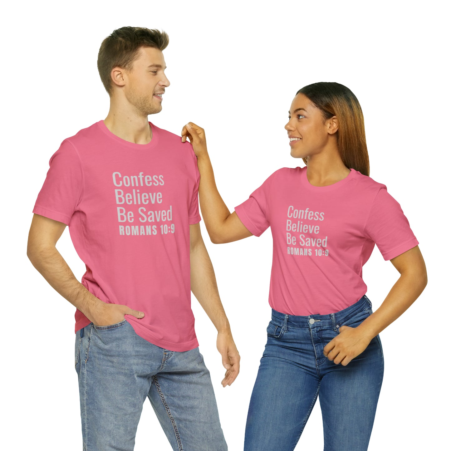 Romans 10:9 Confess Believe Be Saved Unisex Jersey Short Sleeve Tee