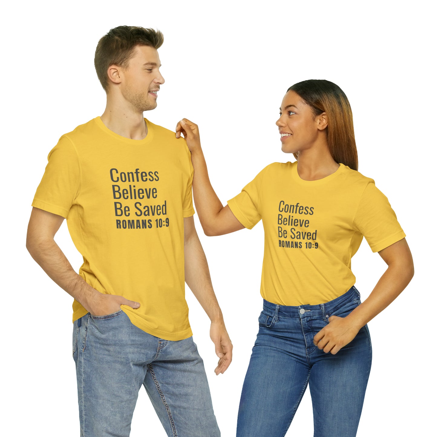 Romans 10:9 Confess Believe Be Saved Unisex Jersey Short Sleeve Tee