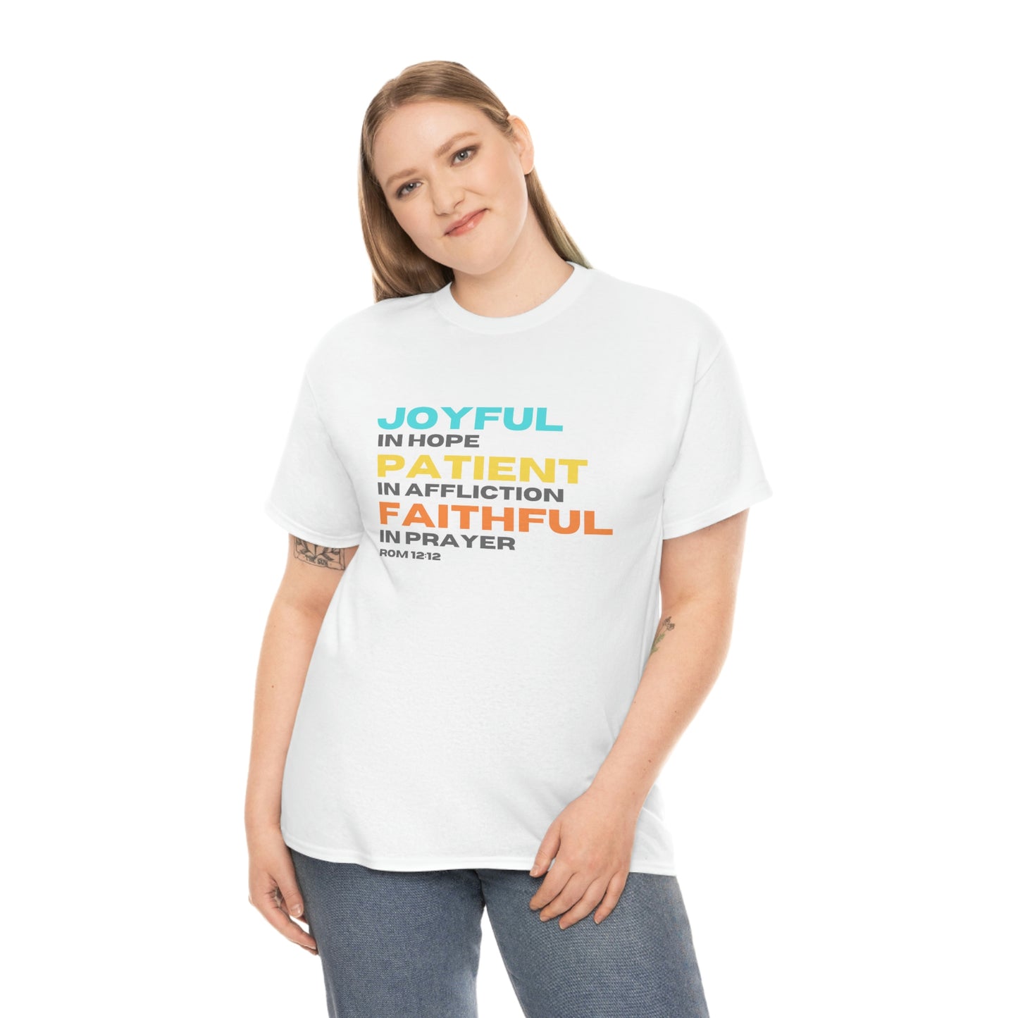 Romans 12:12 Joyful Patient Faithful Unisex Heavy Cotton Tee