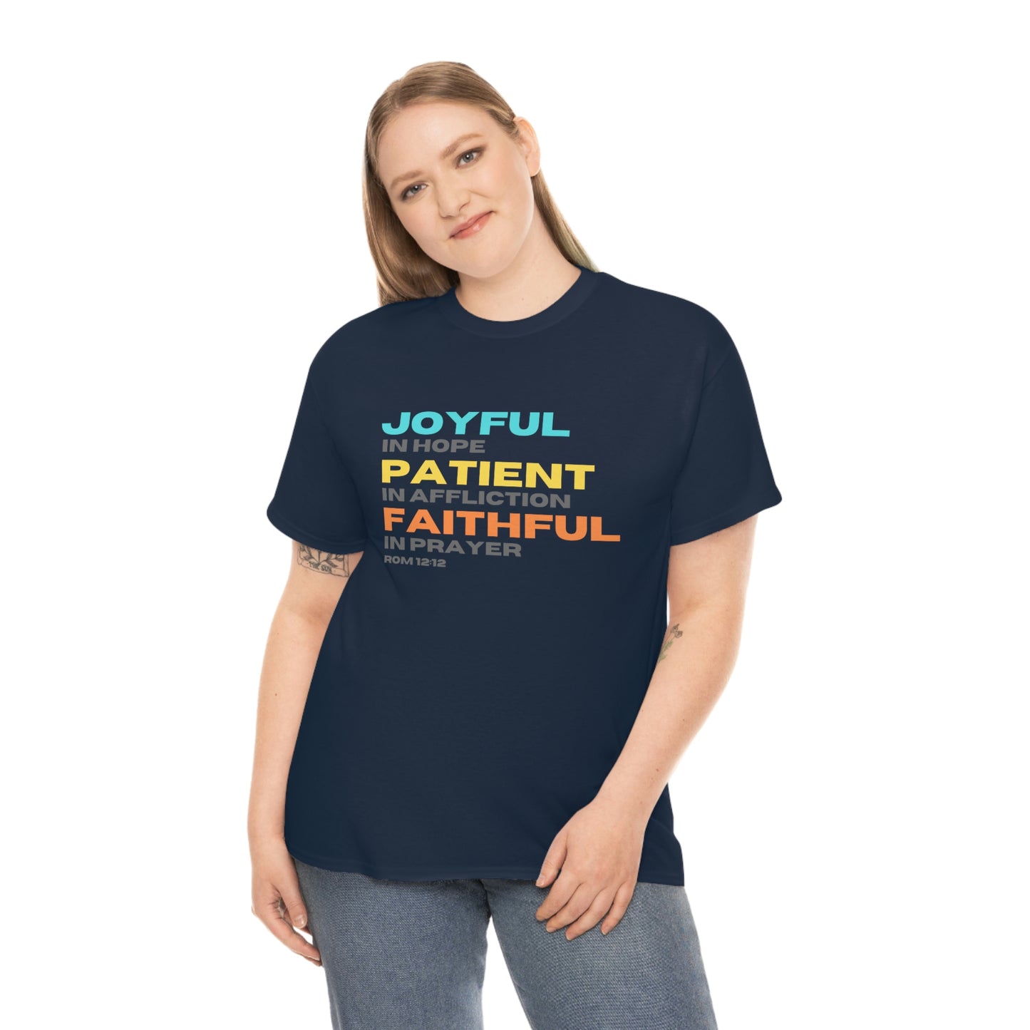 Romans 12:12 Joyful Patient Faithful Unisex Heavy Cotton Tee